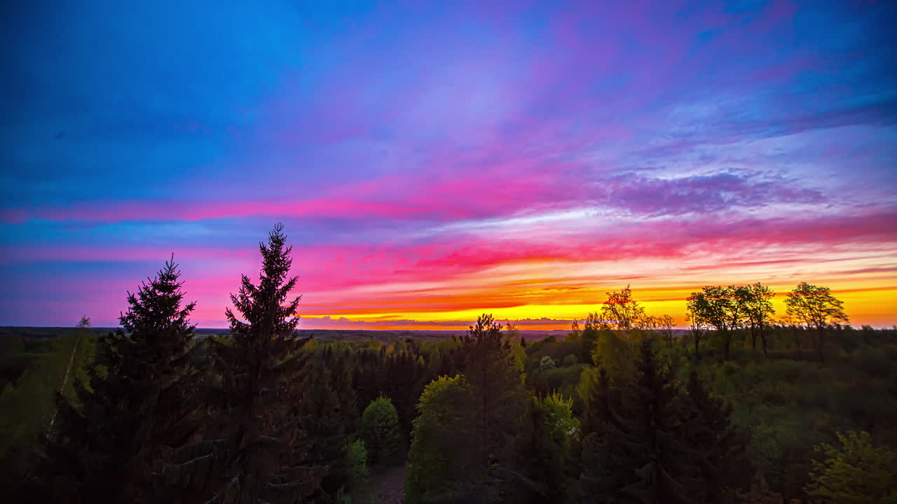 lapso de tiempo de la hora dorada y azul con nubes multicolores y en el cielo - amanecer épico en el paisaje rural con árboles y arbustos en primer plano