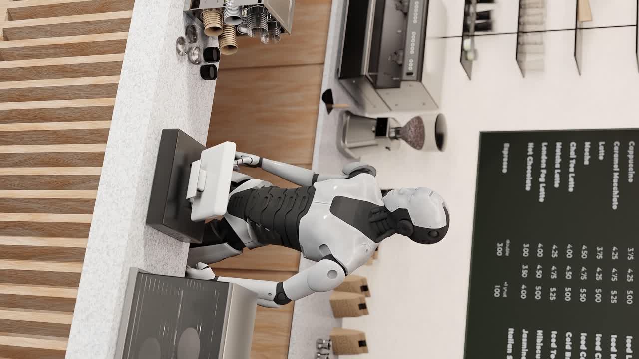 Robotic Barista Operating Espresso Machines in a High-Tech Caf&eacute; vertical
