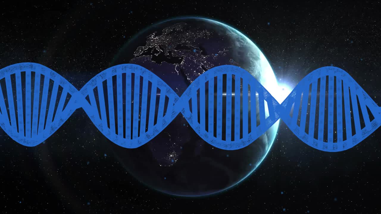 Un'elica di DNA blu parte da sinistra, attraversa la Terra che ruota, passando dalla notte all'alba, mostrando la genomica.