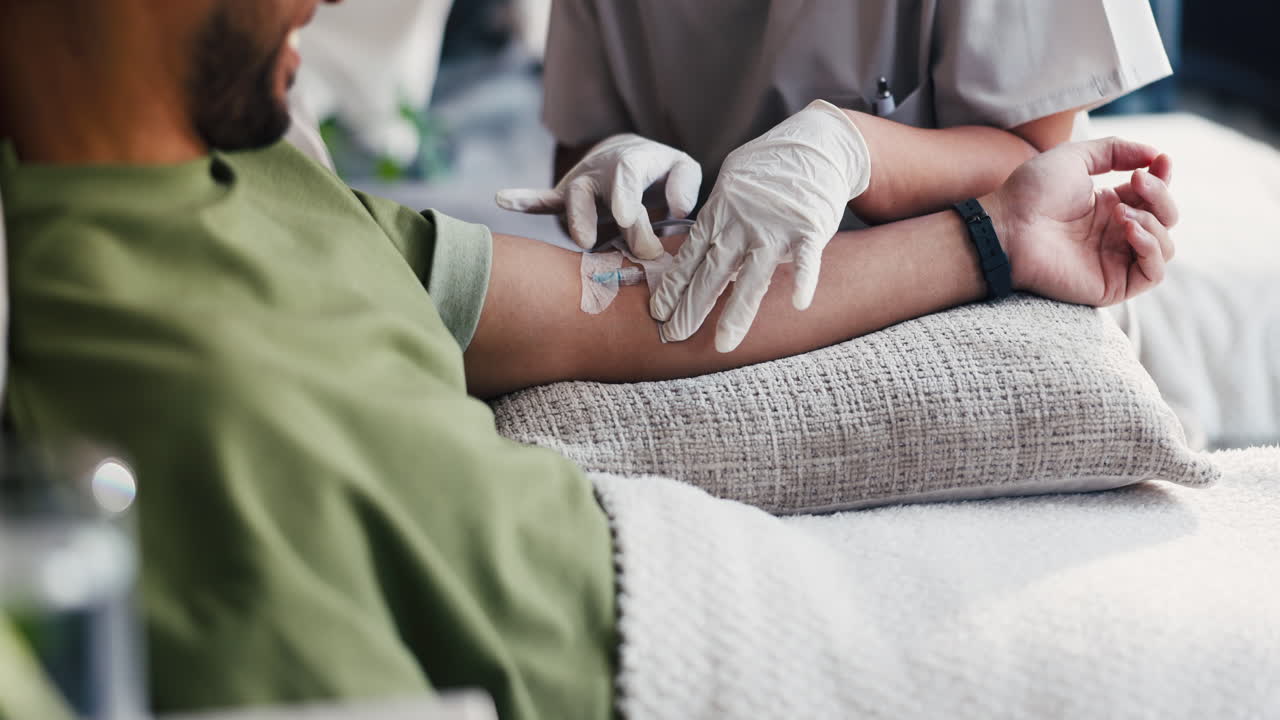 Nurse Administering Intravenous Drip to Patient's Arm