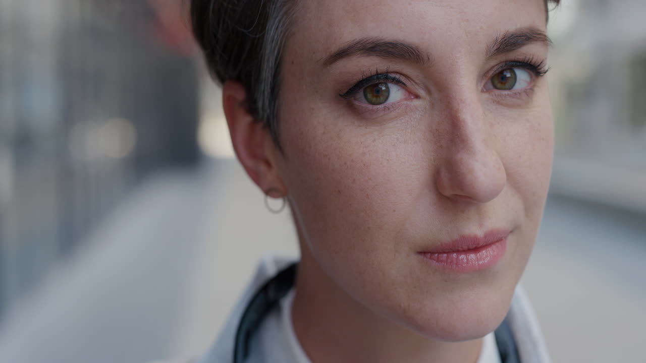 retrato de cerca de una hermosa mujer joven abriendo los ojos mirando a la cámara sonriendo belleza femenina suave cámara lenta