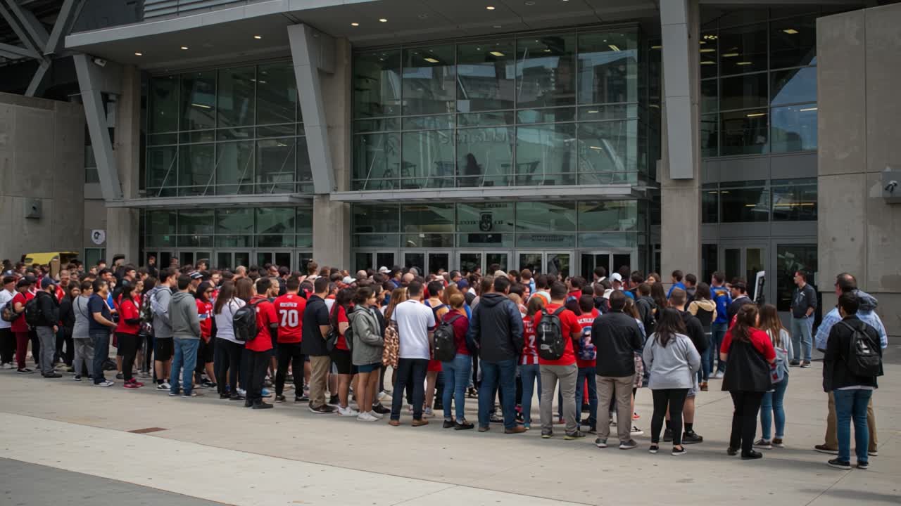 Excited Crowd Gathering Outside Venue, Anticipating Entry for Popular Event with Enthusiastic Fans in Red Jerseys and Casual Attire