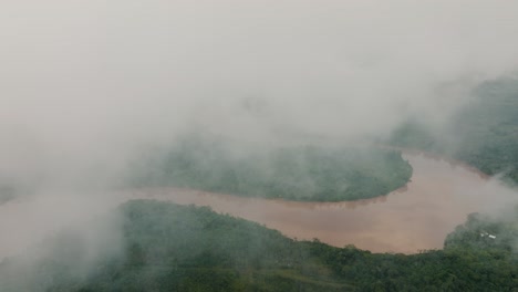 amazonia river with tropical rainforest covered with foggy clouds in ecuador