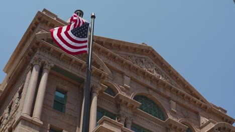 Low-angle-wide-angle-shot-of-the-Tarrant-County-Courthouse-in-Fort-Worth,-Texas