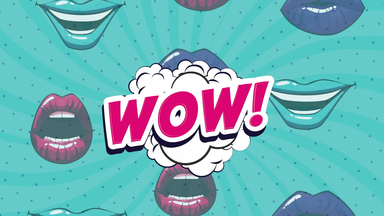 팝 아트 스타일의 만화 일러스트레이션과 와우 스피치 버블과 입술