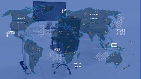 Animation-of-financial-data-processing-over-office-with-computers-on-desks-and-chairs