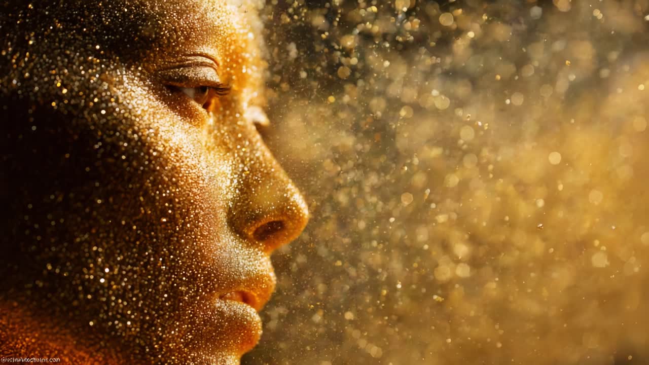 A stunning close-up of a face adorned with shimmering golden particles, capturing the ethereal beauty and play of light as it dances around in a dreamlike fantasy, evoking feelings of mystique and wonder