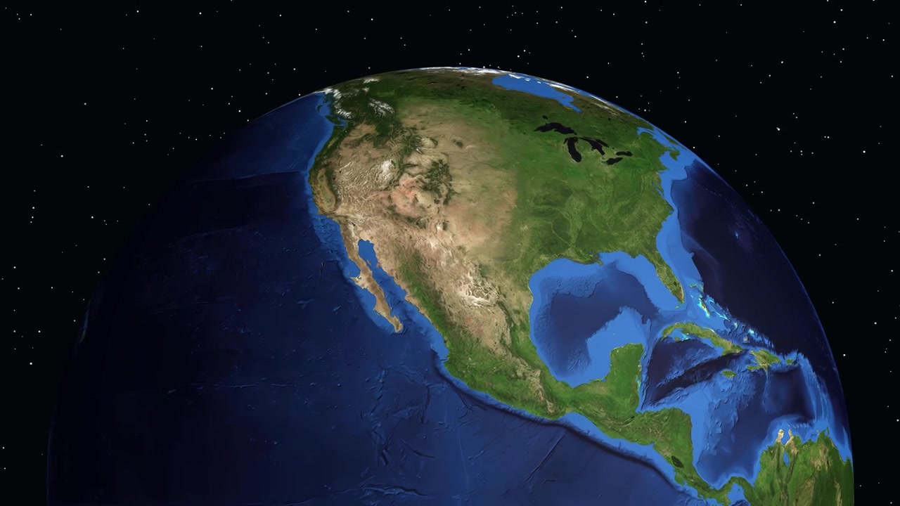 Un globo digitale ruota e zooma dallo spazio verso il Nord America, evidenziando Mexicali, Messico