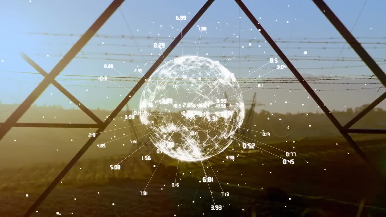 リンクのネットワークのアニメーションと 景観上の数字を持つグローブ