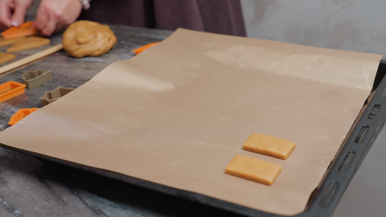dama preparándose para colocar pedazos de masa recién cortados en la bandeja de horneado en el horno, rodeada de herramientas de panadería, atmósfera de cocina, rodillo, cortadores de galletas, lista para hornear galletas caseras