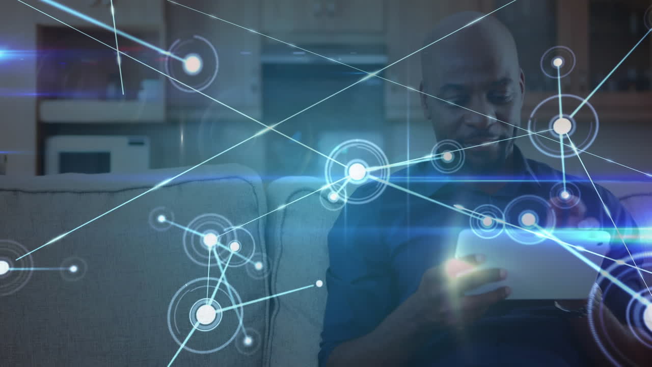 Animation of networks of connections with icons over man using smartphone