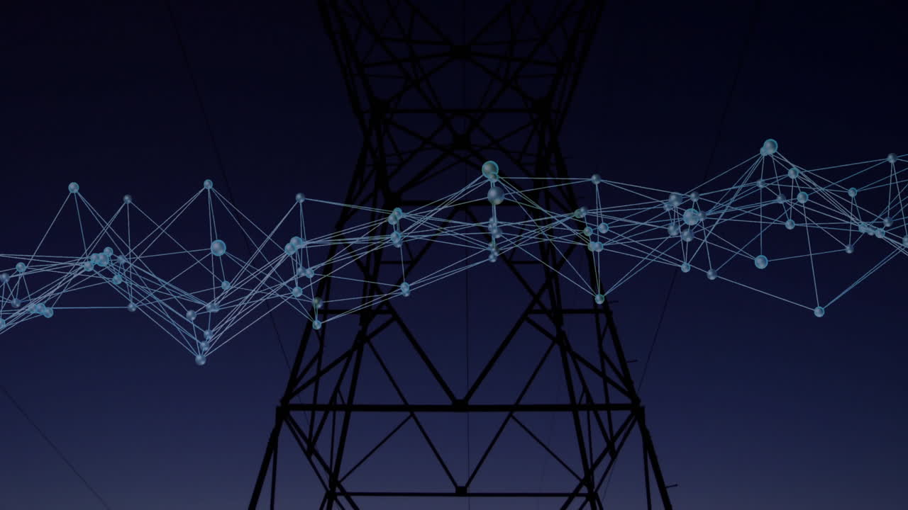 Network of connections and data processing animation over power line structure