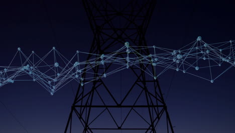 network of connections and data processing animation over power line structure