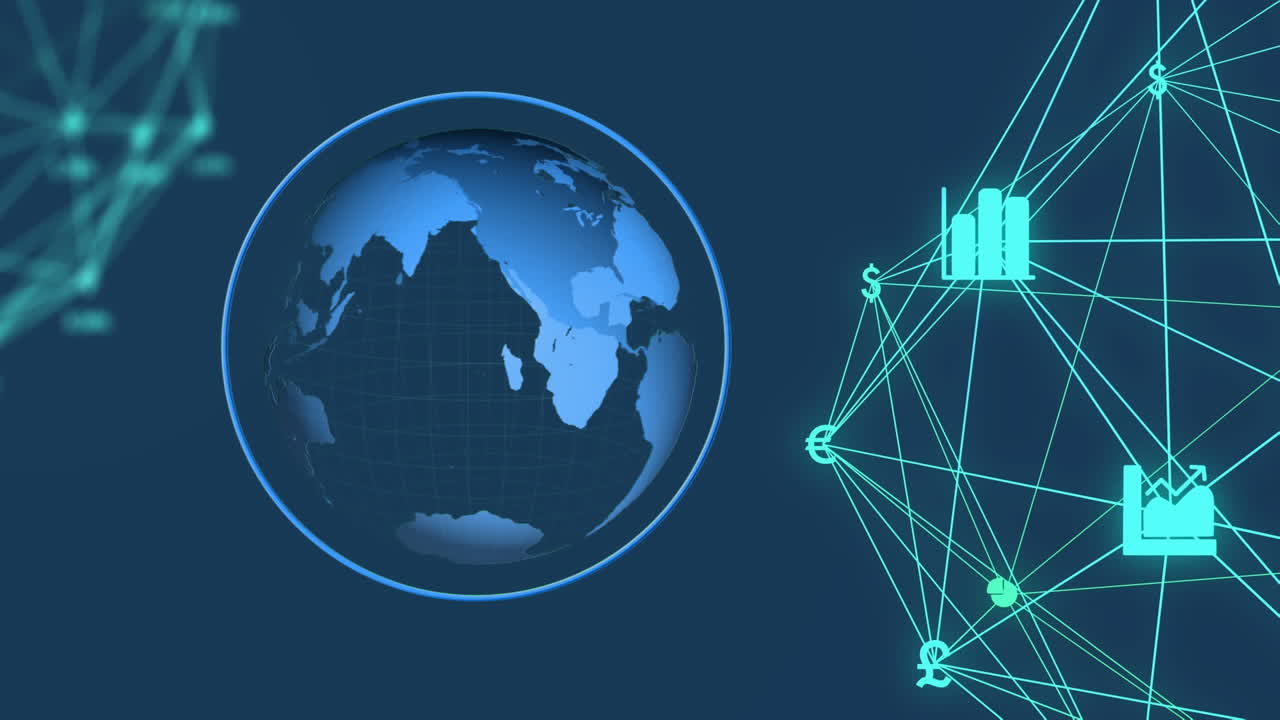 Digital composite video of web of connections with icons moving against spinning globe in background