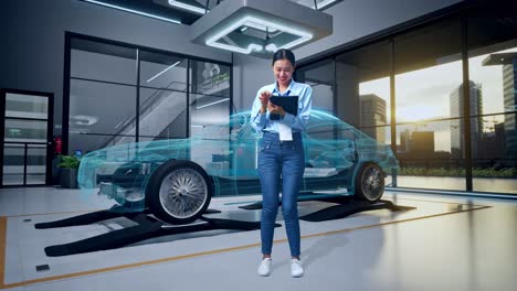 mujer que utiliza una tableta para el diagnóstico de automóviles en un taller moderno