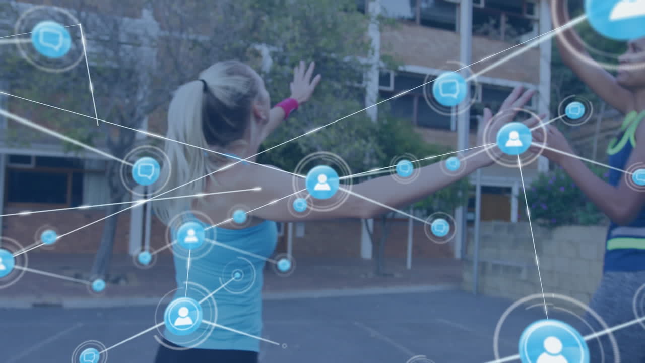 animación de redes de conexiones sobre jugadoras de baloncesto