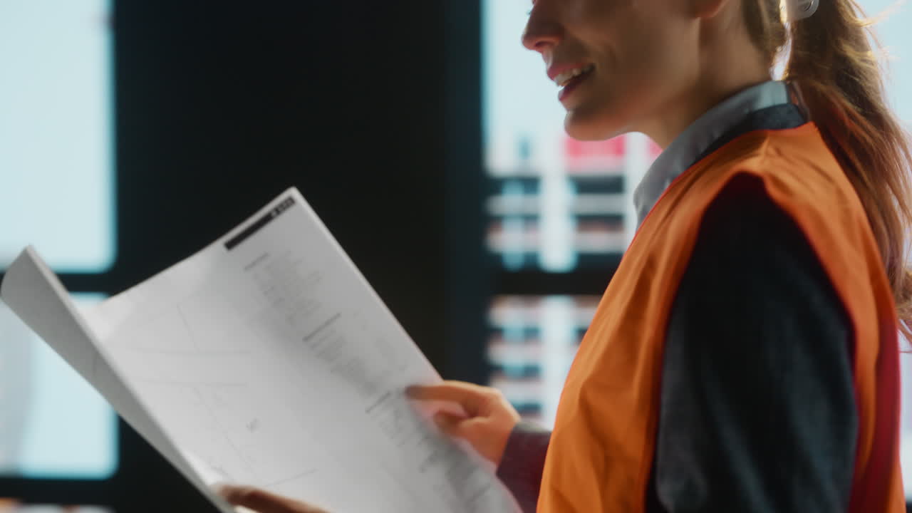Female Architect or Engineer Reviewing Plans on a Construction Site