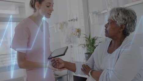 Animation-of-heart-rate-monitor-over-diverse-female-doctor-holding-hands-of-female-senior-patient