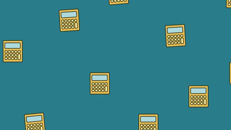 animation of repeated orange calculators moving over mid blue background