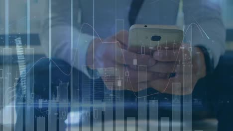 animation of financial data processing over caucasian man using smartphone and cityscape