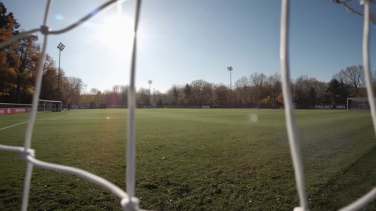 Panorerende kamera afslører hvidt fodboldmålnet og højre målstolpe på græsbane med solglimt.