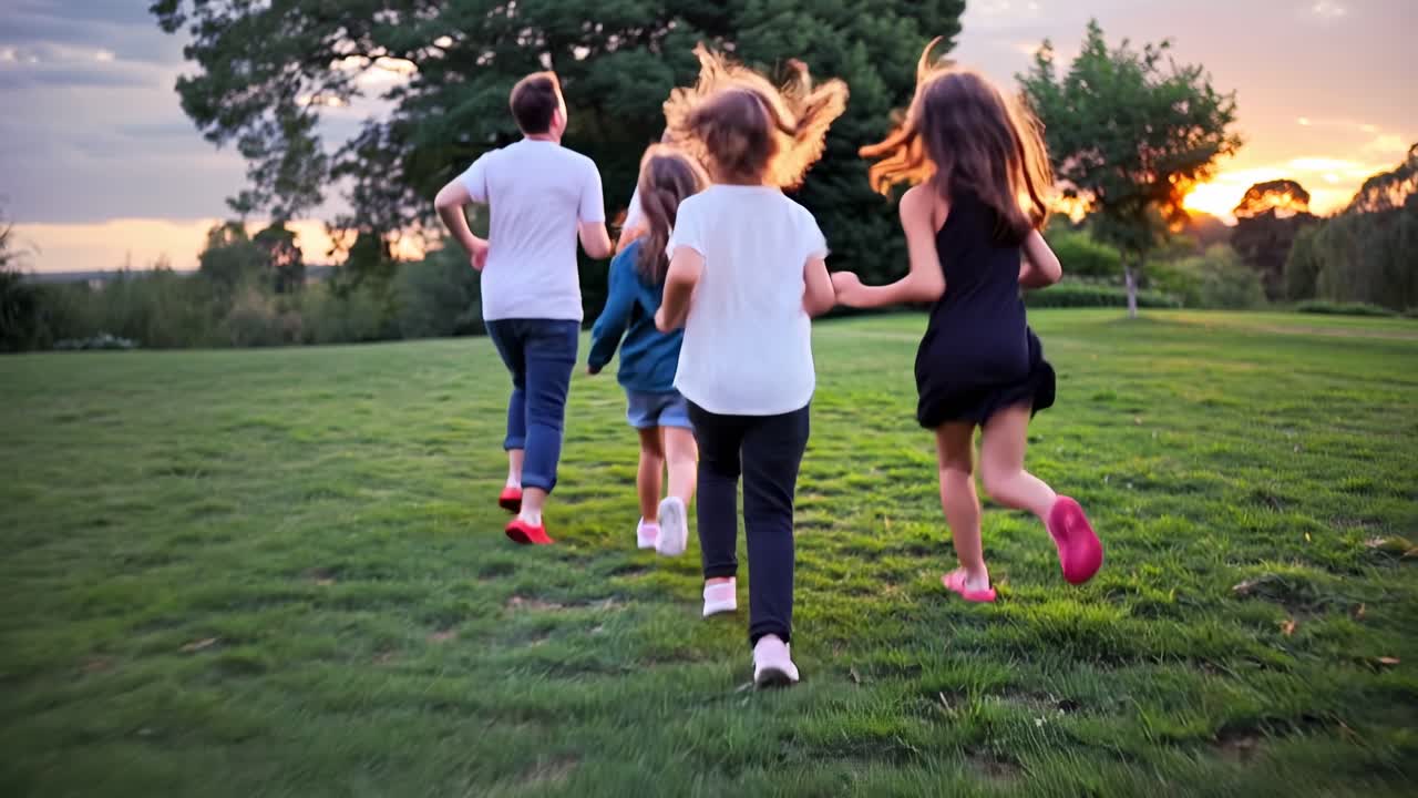 A group of children joyfully run across a grassy field at sunset, capturing a carefree and playful