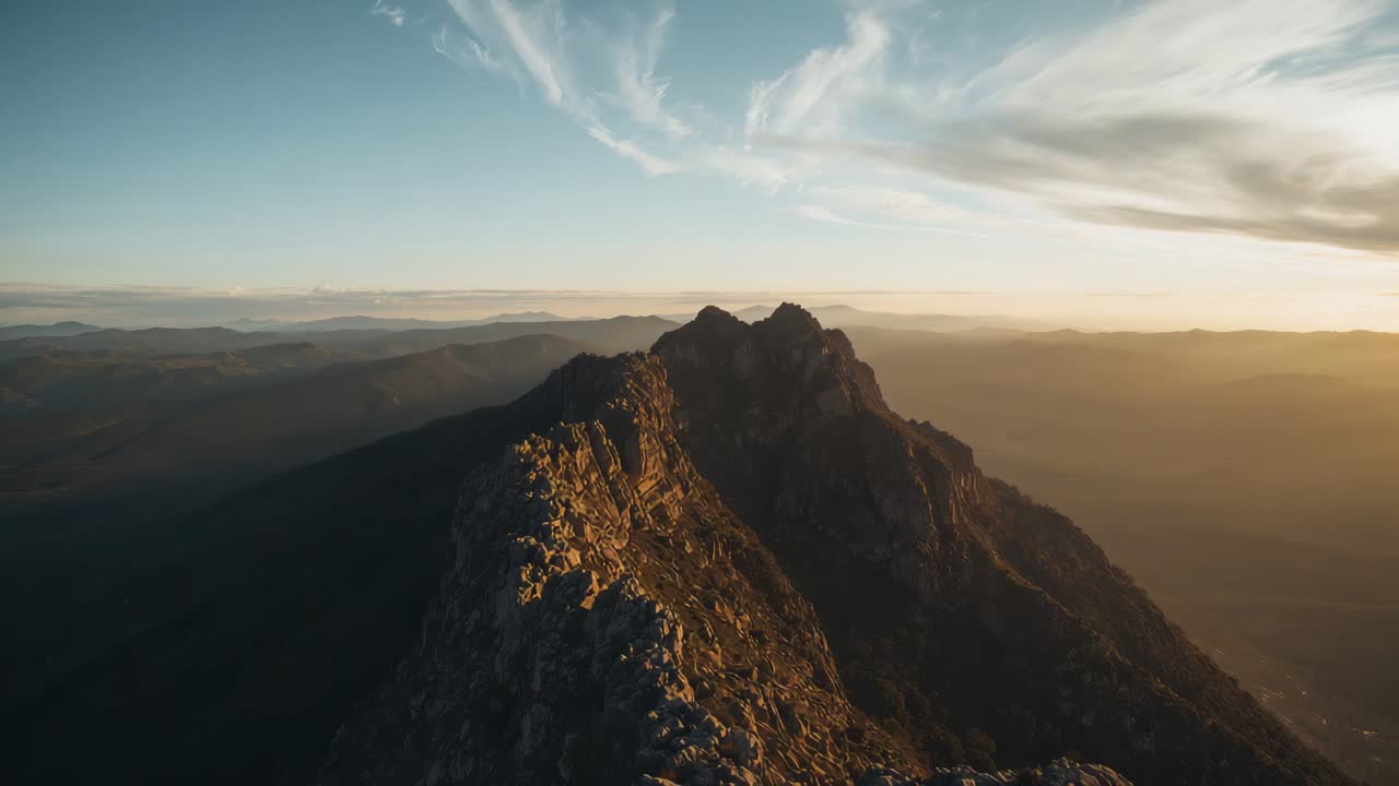 Drone che scivola partendo da dietro la cresta, avvicinandosi a due cime sotto il sole basso, rivelando pareti rocciose illuminate dal sole