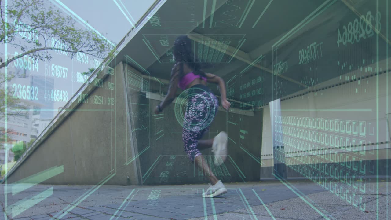 atleta che entra nell'inquadratura da sinistra attivando la sovrapposizione tecnologica che traccia il movimento attraverso la rampa della piazza