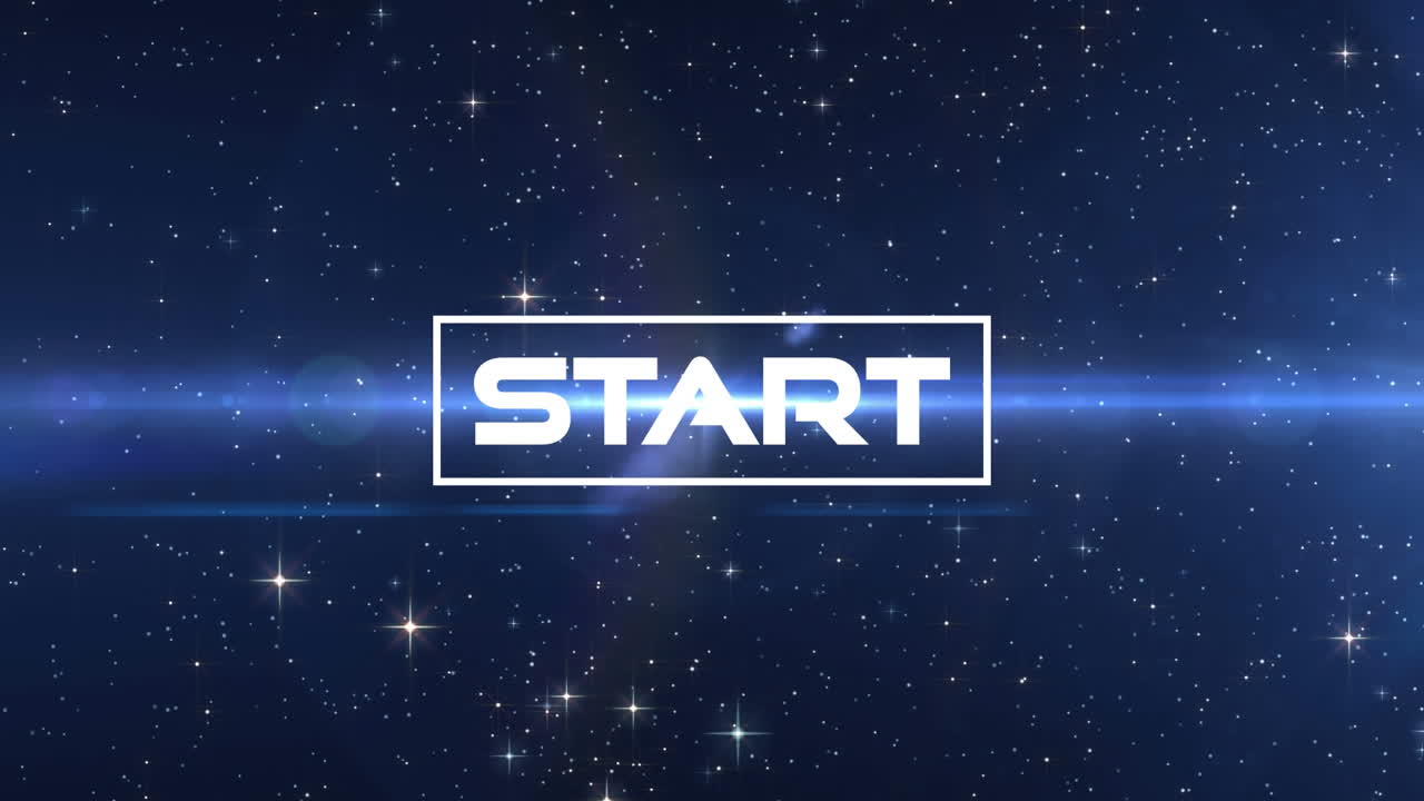 Animation of start text over blue lights and stars on black background
