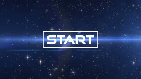 animation of start text over blue lights and stars on black background