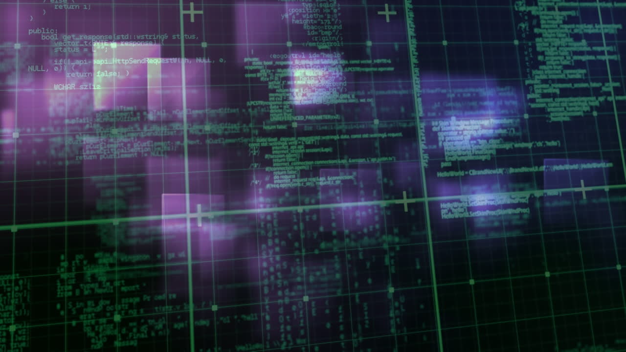 Animation of squares and data processing on blue background