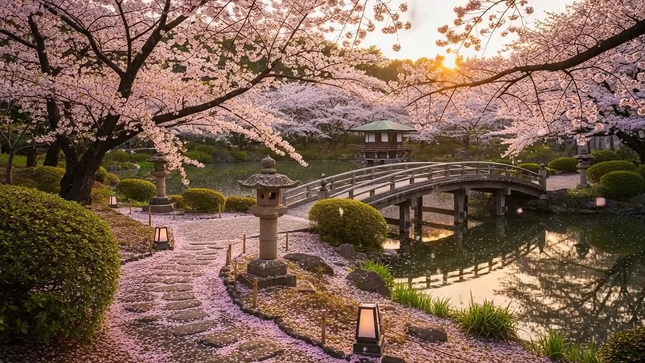 A Serene Cherry Blossom Landscape: Tranquil Reflections at Sunset Over a Peaceful Garden with a Flower-Laden Pathway and a Charming Bridge