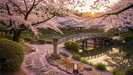 a serene cherry blossom landscape: tranquil reflections at sunset over a peaceful garden with a flower-laden pathway and a charming bridge