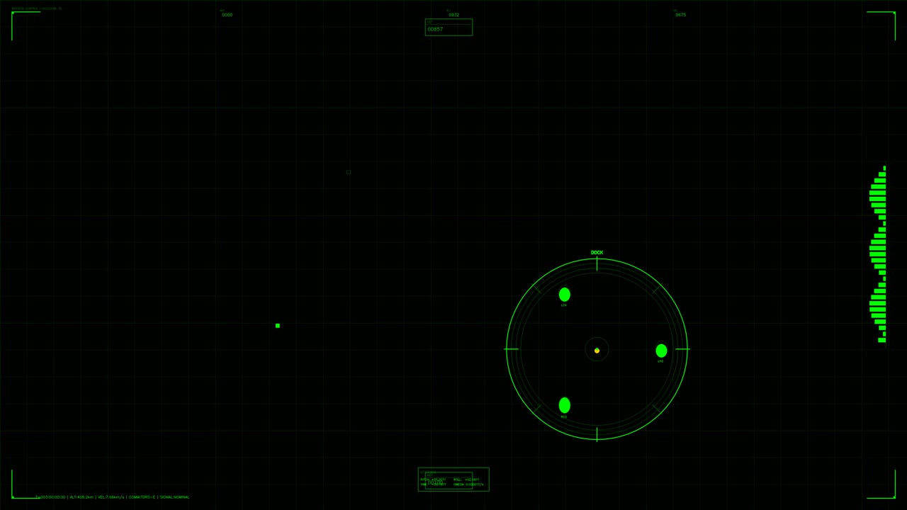 A military heads up display shows data and tracking for targets in a sci fi war setting. The screen features radar like graphics with indicators and data points