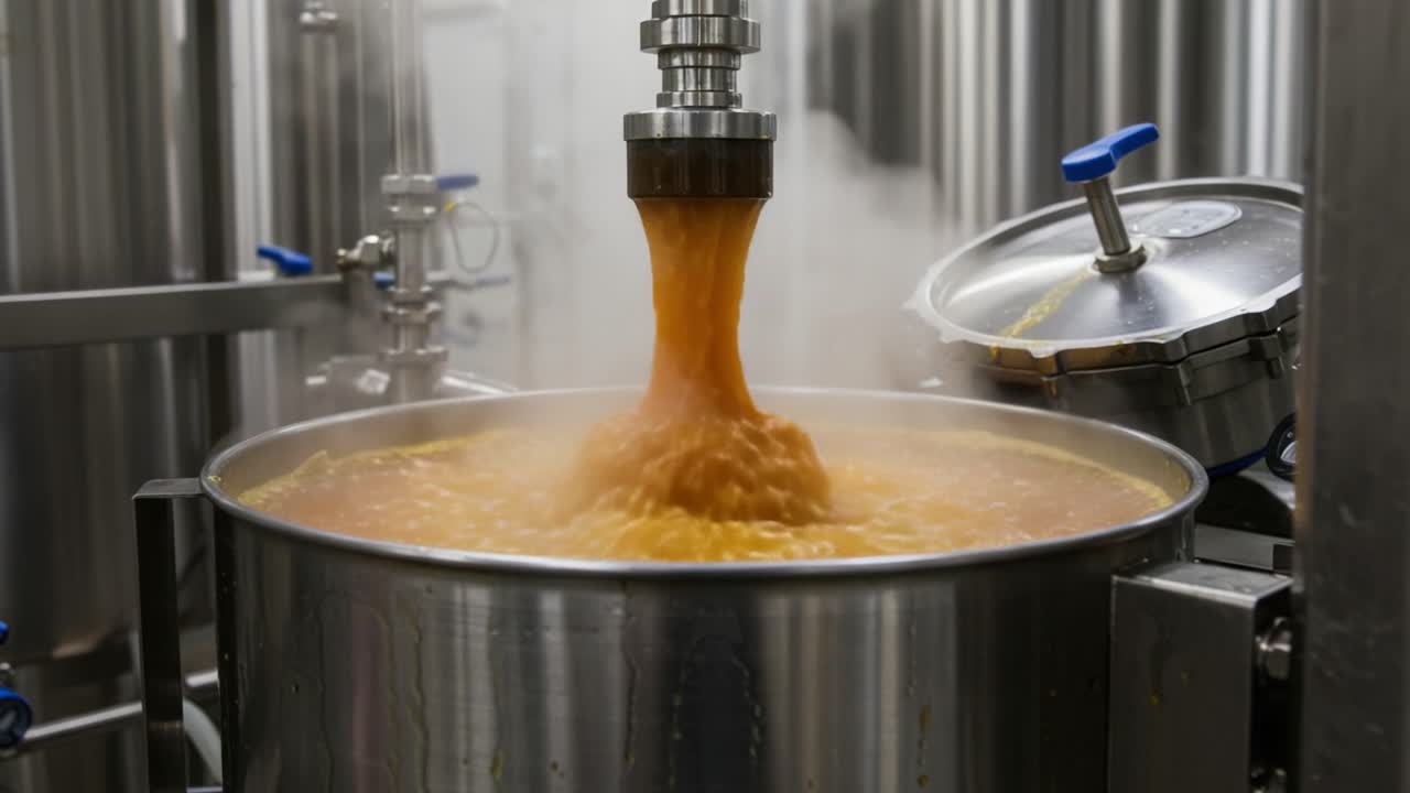 Process of Brewing: A Close-Up on the Foamy Liquid Pouring from the Valve Into the Large Brewing Tank, Capturing the Essence of Craftsmanship and Technique in Beverage Production