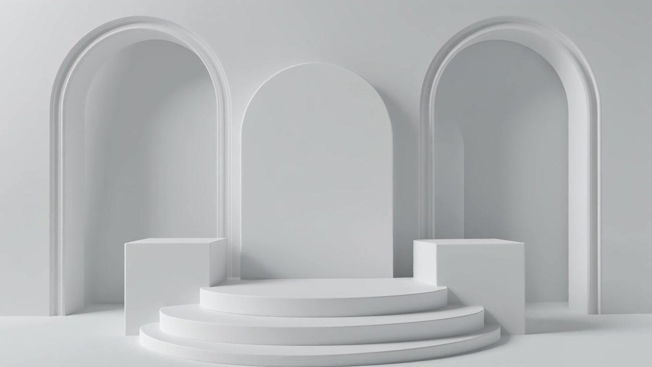 Minimalistisk hvidt produktpræsentationspodie med buet baggrund