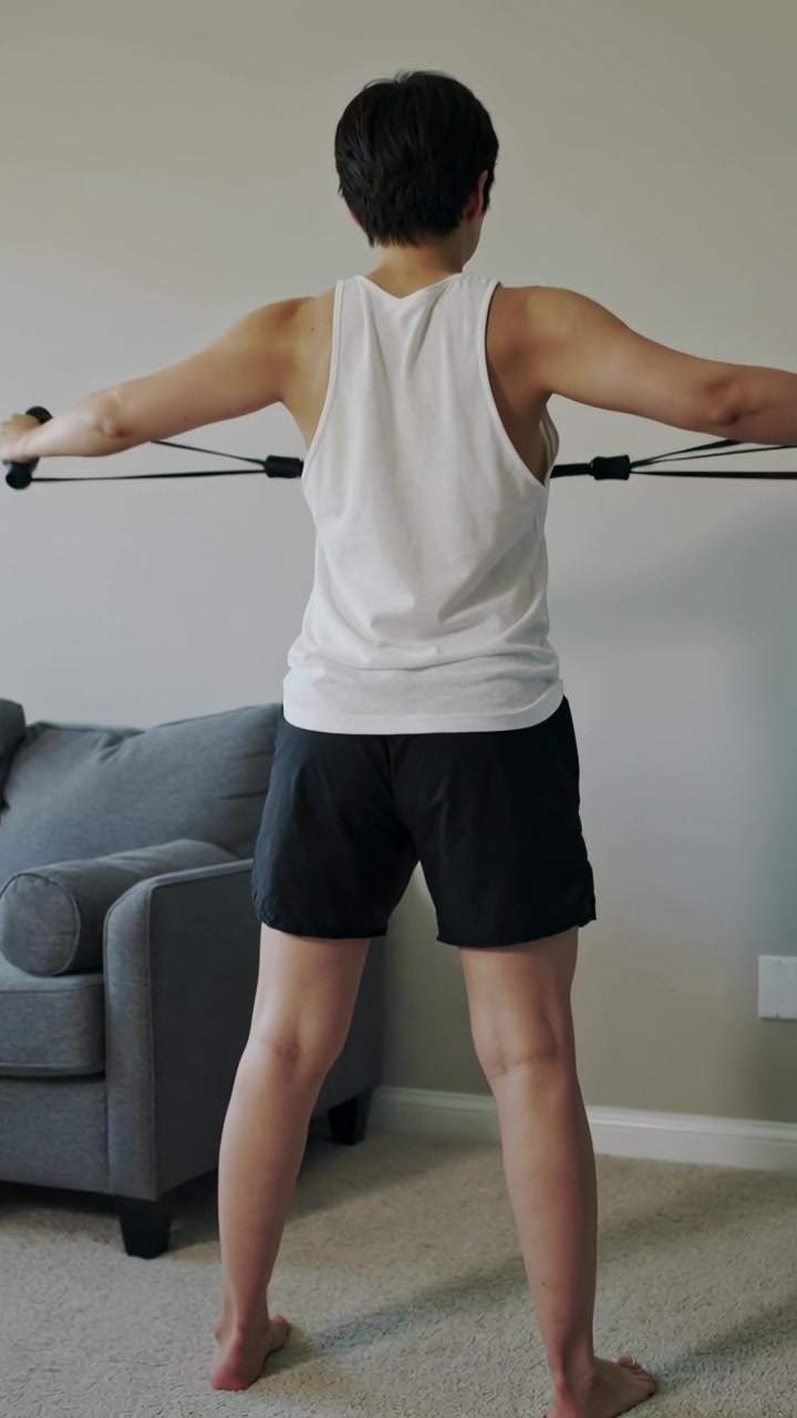 Video verticale: Un uomo in canotta e pantaloncini tira una fascia elastica verso l'esterno e indietro dalla vita, allenandosi a casa.