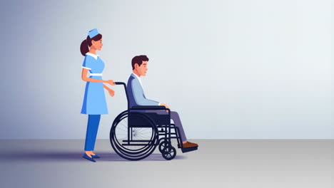 A nurse pushing a man in a wheelchair