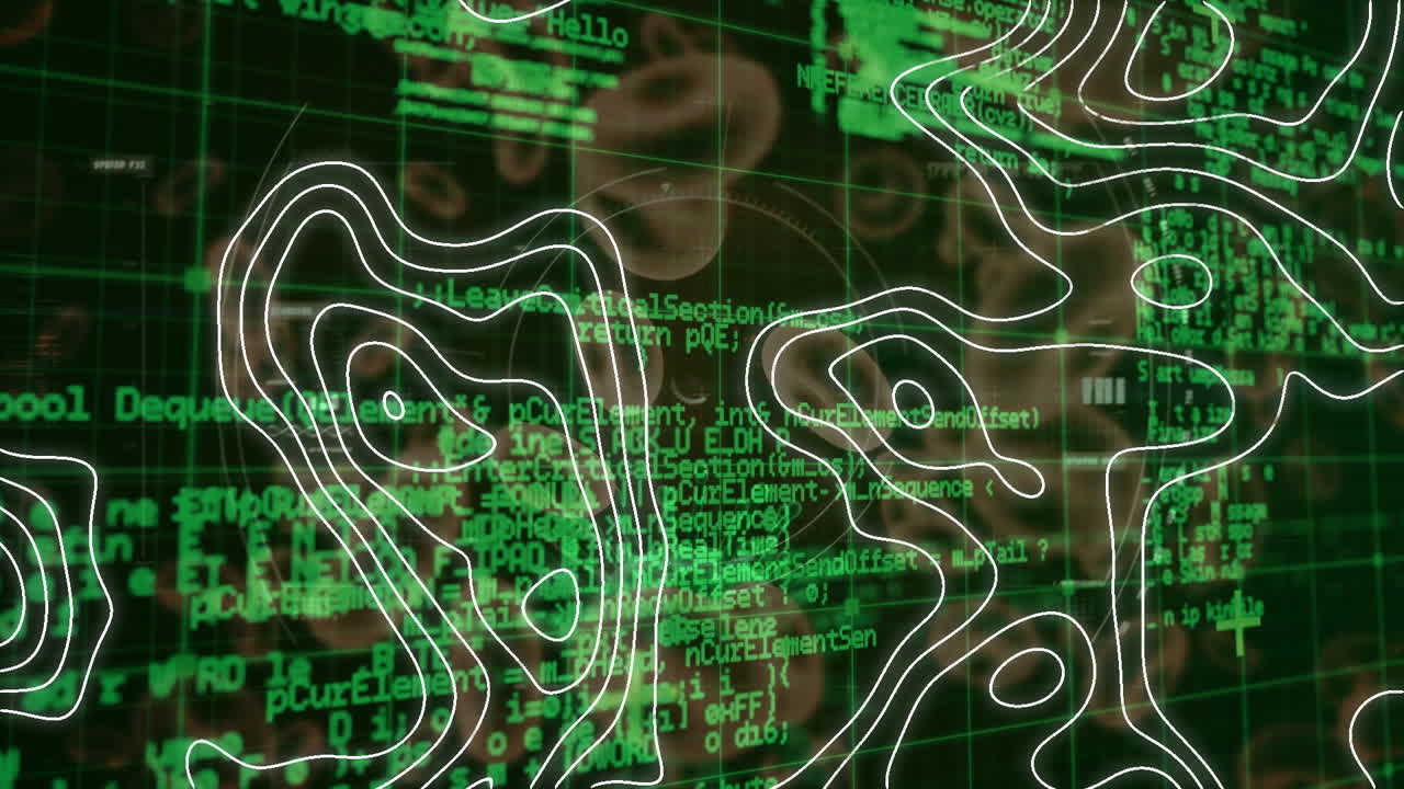 topografía y procesamiento de datos contra células y vasos sanguíneos de covid-19 en fondo negro