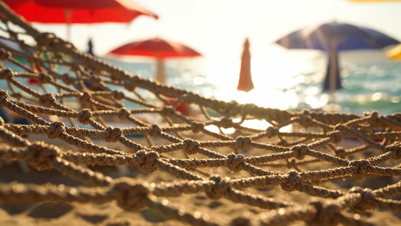 Una serena scena da spiaggia con un primo piano di un'amaca di corda e ombrelloni colorati sullo sfondo, che cattura perfettamente l'essenza di una rilassante giornata estiva.