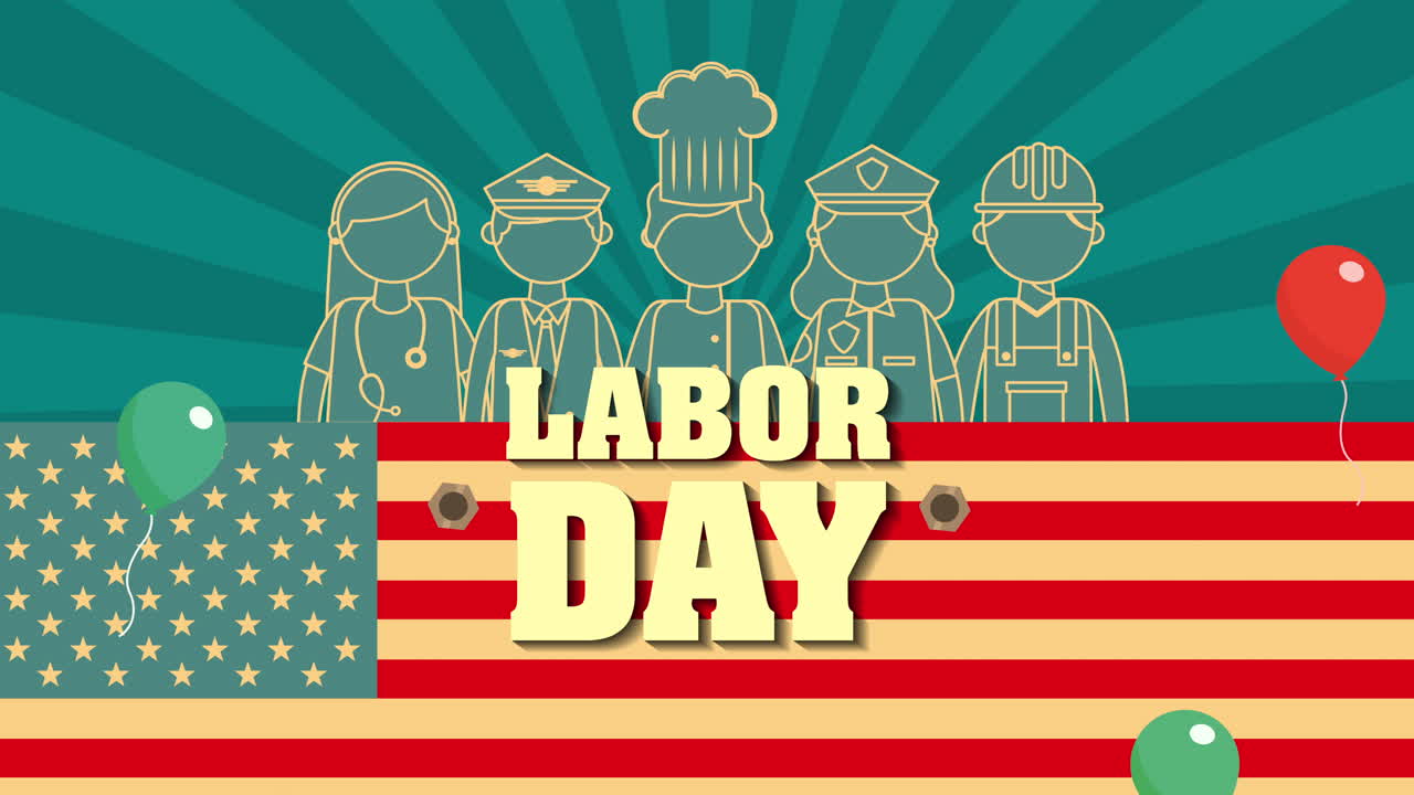 labor day with USA flag and workers group