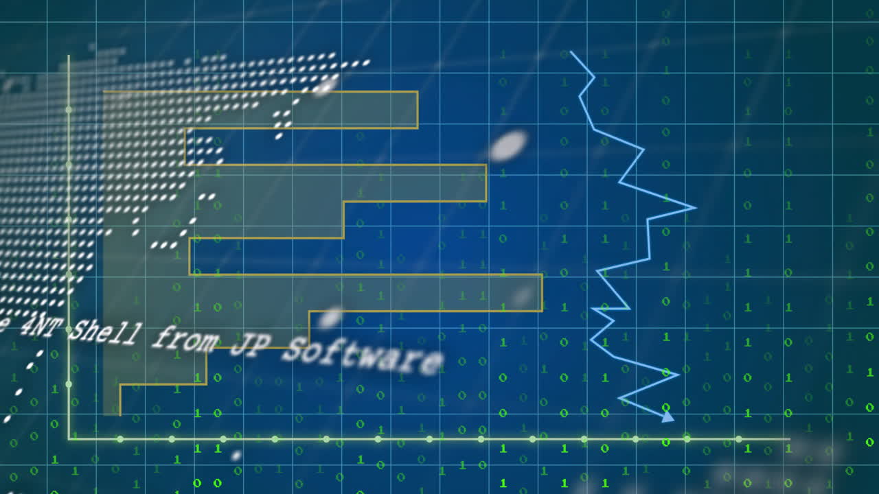 Binary code and data processing animation over blue technical grid background