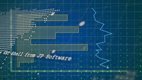 Binärcode-Und-Datenverarbeitungsanimation-über-Blauem-Technischem-Gitterhintergrund