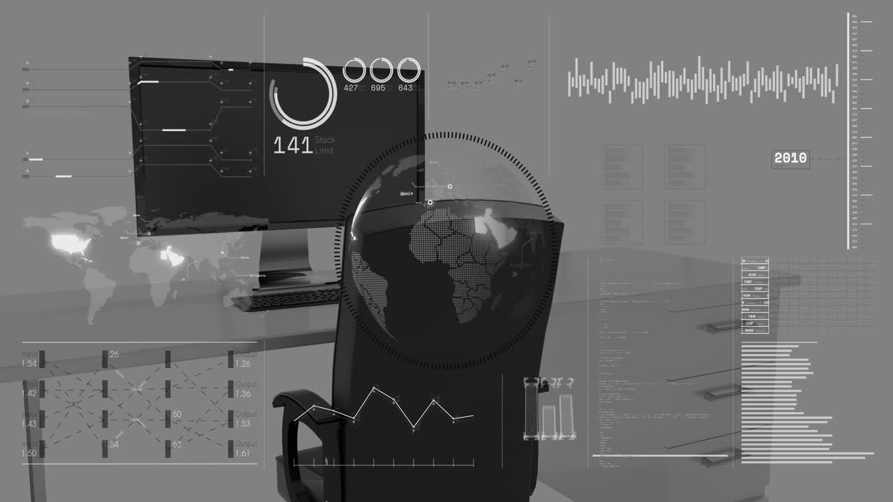 지도, 지구, 로딩 서클, 빈 의자와 데스크 ⁇ 에서 숫자와 그래프를 변경하는 애니메이션
