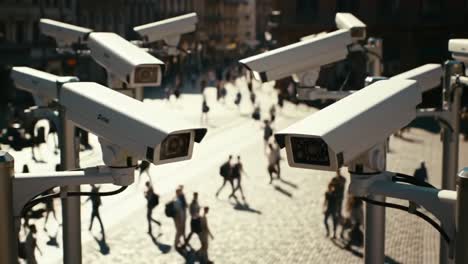 a high-tech surveillance system capturing footage of a busy urban street, highlighting the intersection of technology and daily life in a modern city environment