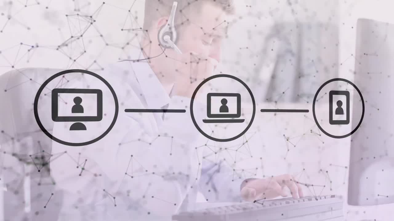 animación de la red de conexiones e iconos sobre un hombre de negocios con auriculares