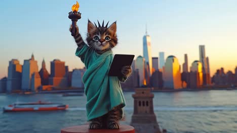 a kitten dressed as the statue of liberty in new york city at sunset