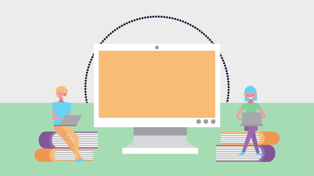 young couple using laptop with desktop