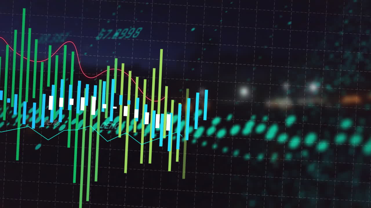 Animation of financial data processing over black background