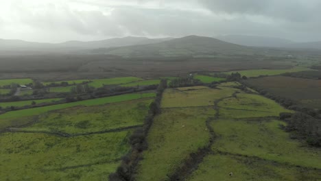 Antena:-Típico-Paisaje-Irlandés-Con-Campos-Verdes,-Colinas-Y-Tierras-De-Cultivo